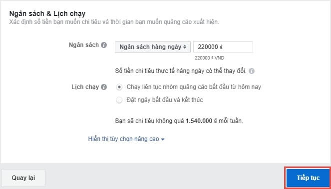 Bước 5: Thiết lập ngân sách quảng cáo